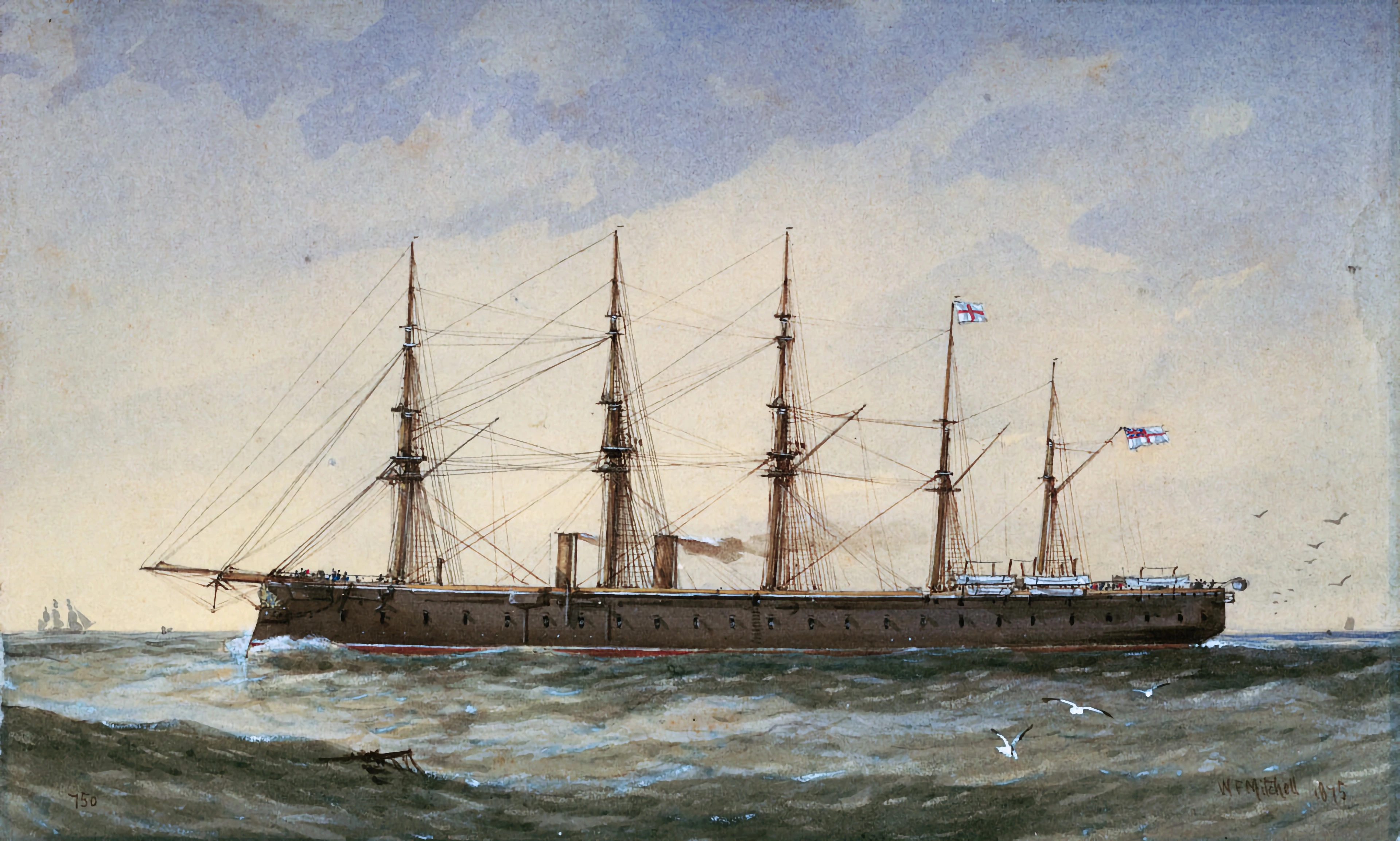 A watercolour painting of HMS Agincourt at sea under steam alone.  William Frederick Mitchell, 1875. © National Maritime Museum, Greenwich, London